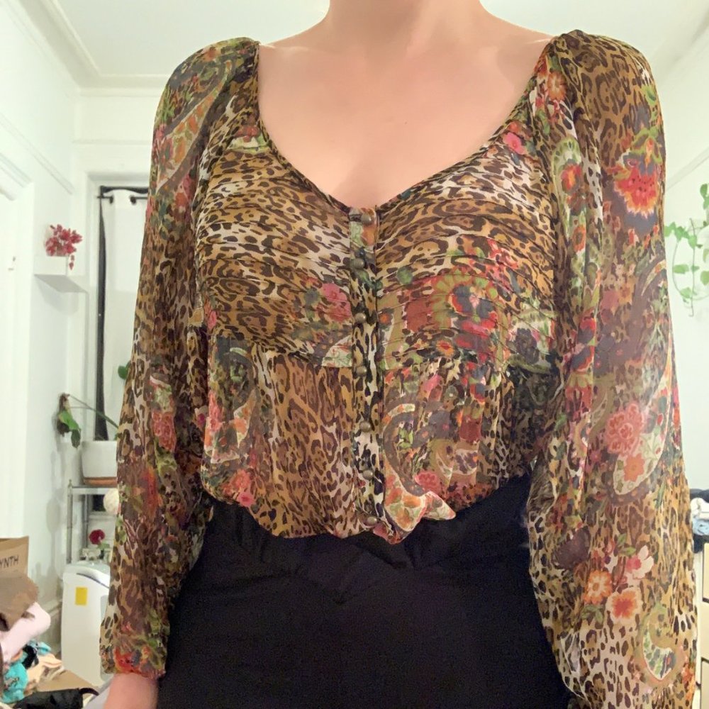 Babydoll Animal Print Sheer Silk Blouse
